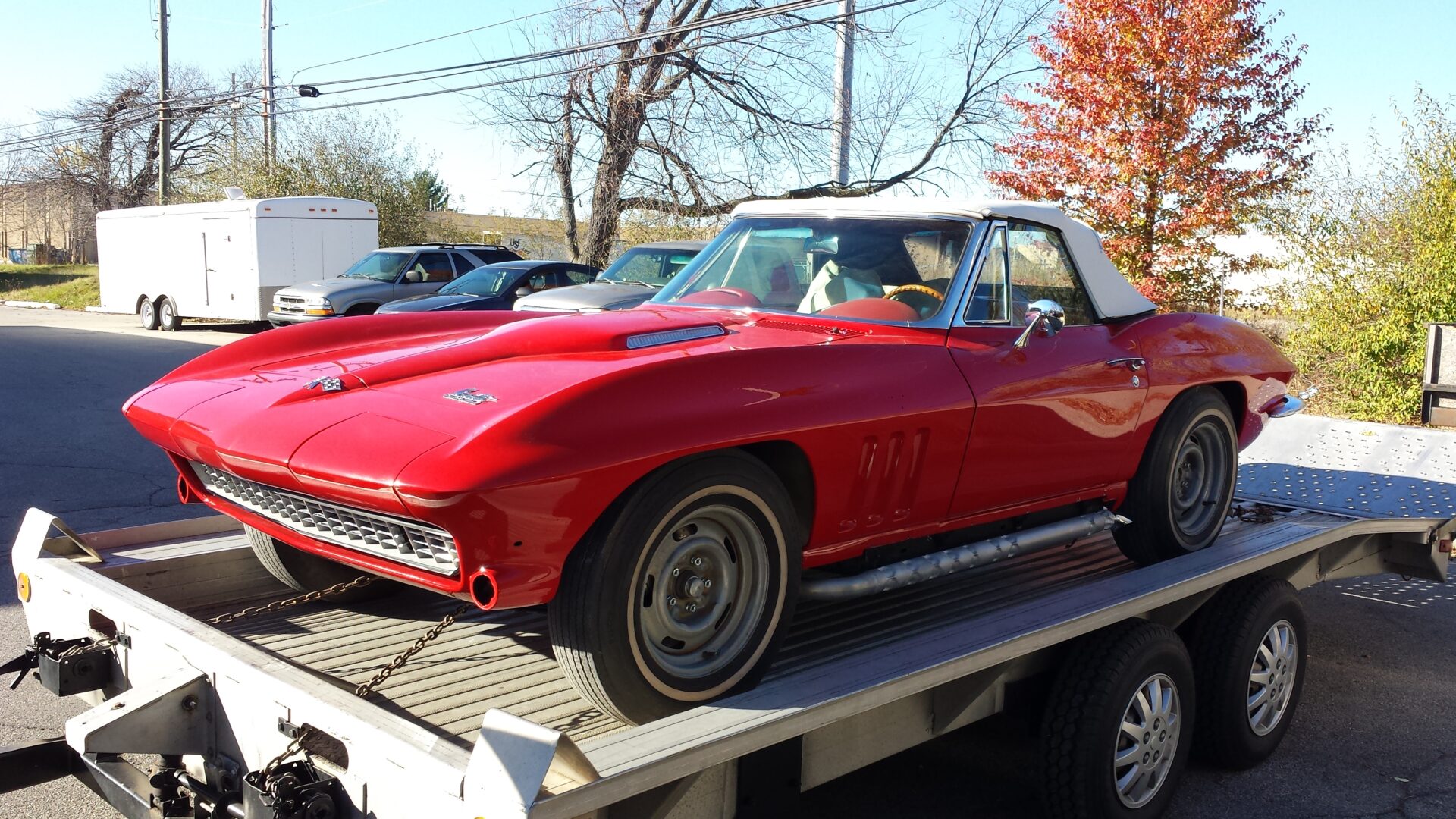 A front view of the 1966 Corvette on transport