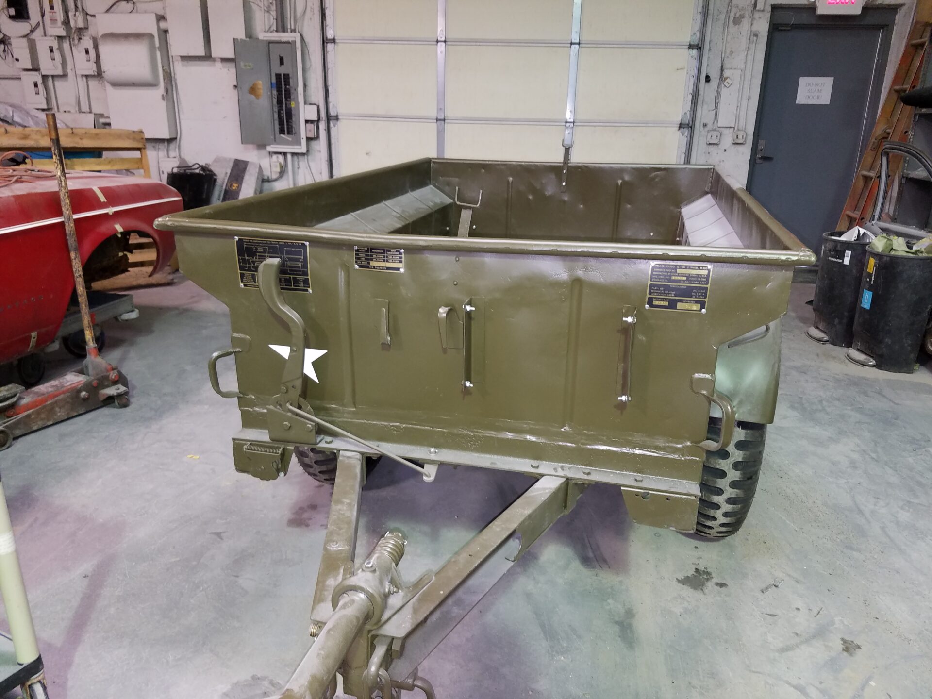 A newly painted jeep trailer