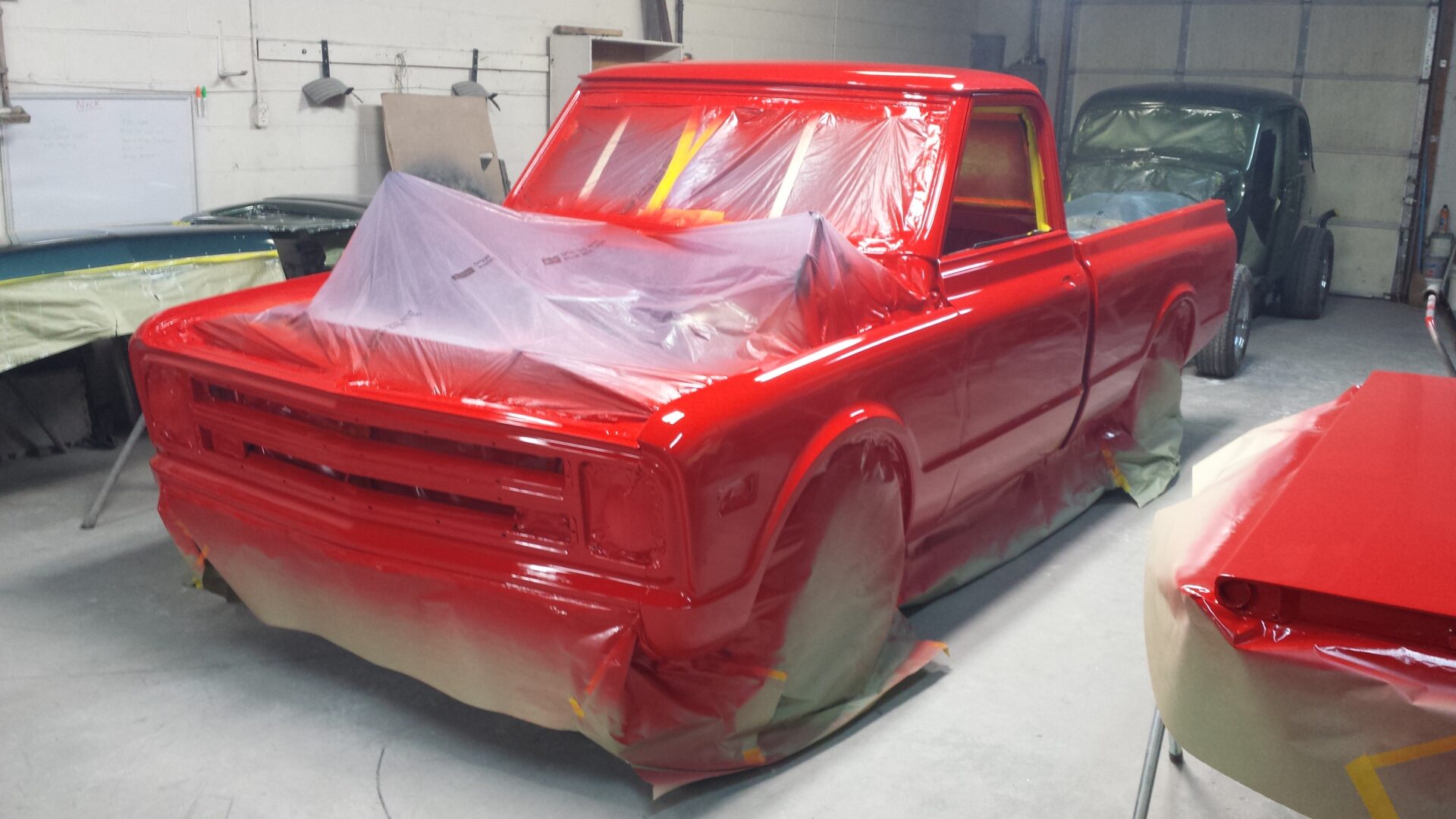 An angled view of the newly painted 1968 Chevy C10