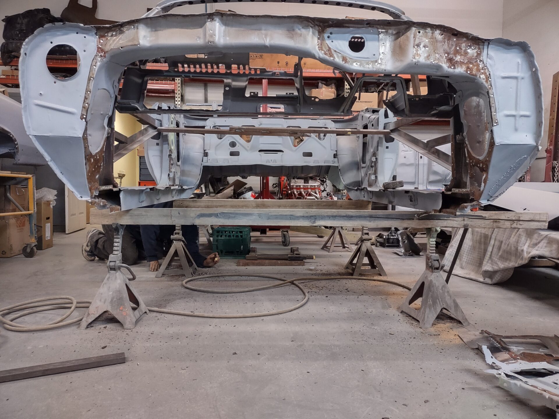 A 1972 Buick GS Convertible frame under restoration
